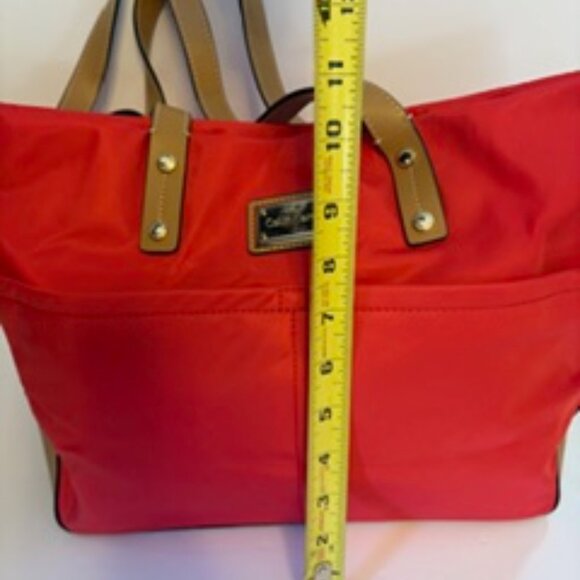 Calvin Klein Red Nylon Tote Bag with Gold-tone Hardware and Tan Handles